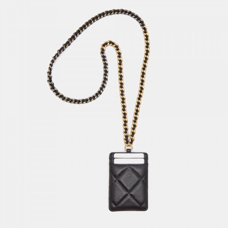 Pre Owned Chanel Black Quilted Leather CC Card Holder Chain