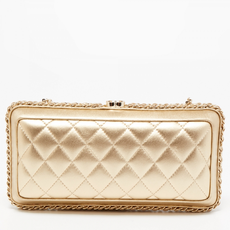 Pre Owned Chanel Gold Quilted Leather Chain Around Chain Clutch