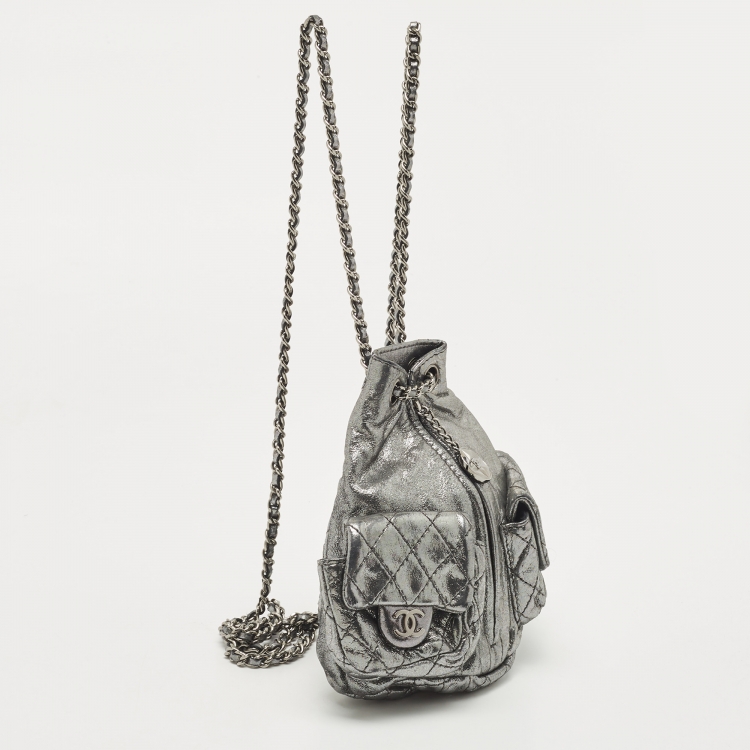 Pre Owned Chanel Silver Shimmer Quilted Leather Mini Backpack Is Back Backpack