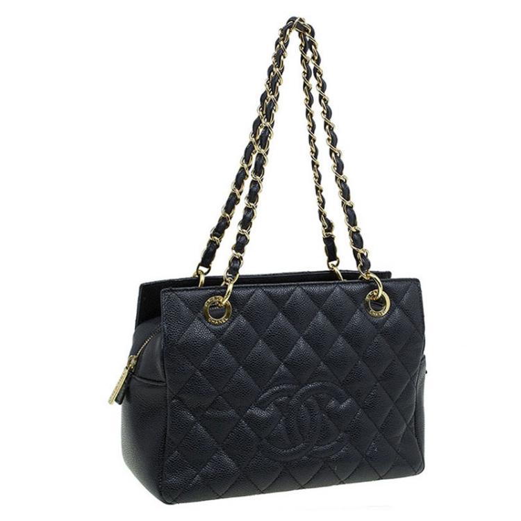 Pre Owned Chanel Black Quilted Caviar Leather Petite Timeless Shopper Tote