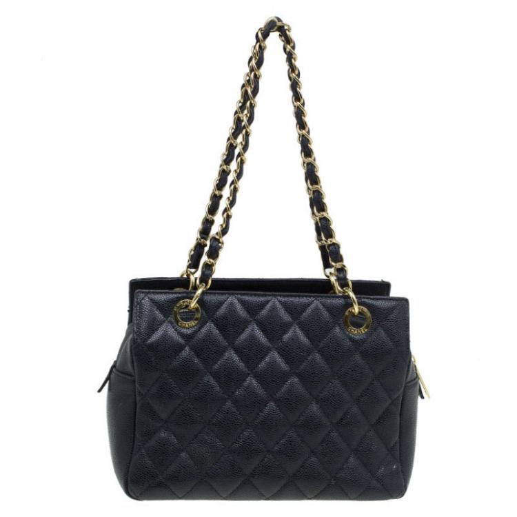 Pre Owned Chanel Black Quilted Caviar Leather Petite Timeless Shopper Tote