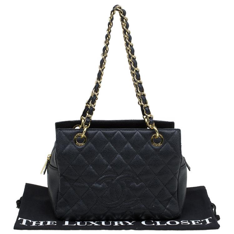 Pre Owned Chanel Black Quilted Caviar Leather Petite Timeless Shopper Tote