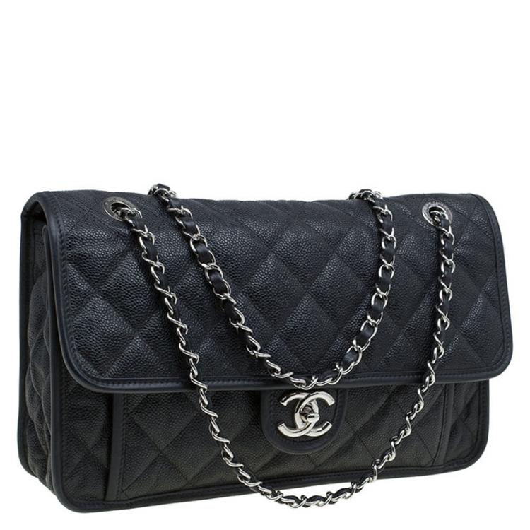 Pre Owned Chanel Black Caviar Leather Jumbo French Riviera Classic Flap Bag