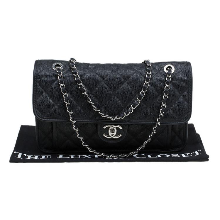 Pre Owned Chanel Black Caviar Leather Jumbo French Riviera Classic Flap Bag
