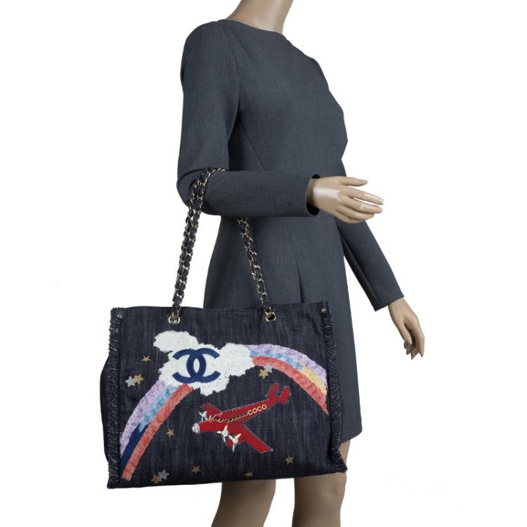 Pre Owned Chanel Black Denim Airplane Embroidered Shopper Tote