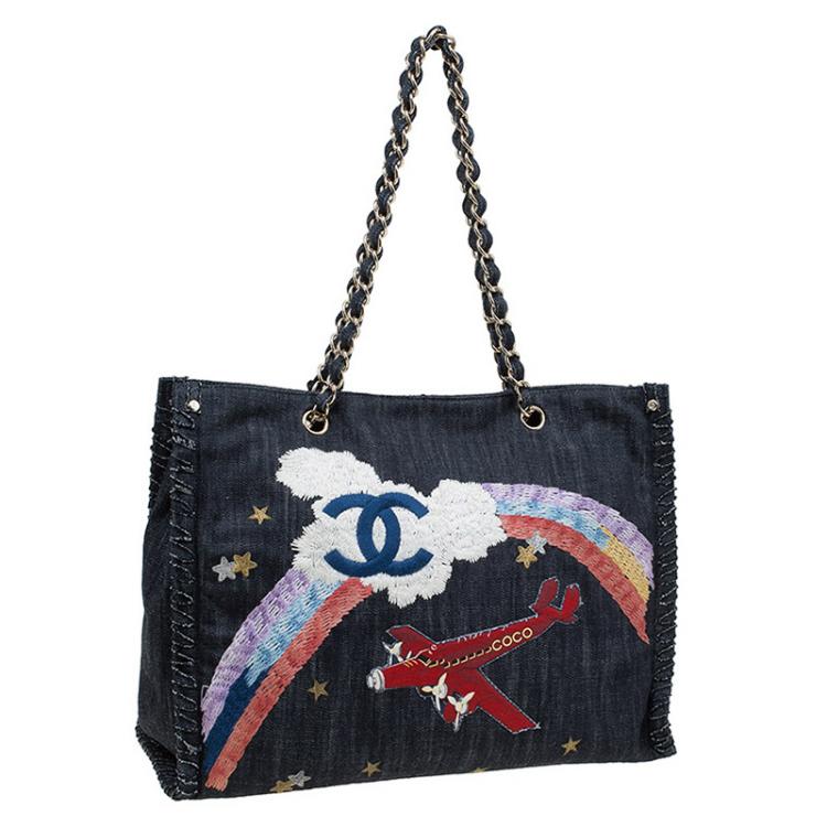 Pre Owned Chanel Black Denim Airplane Embroidered Shopper Tote