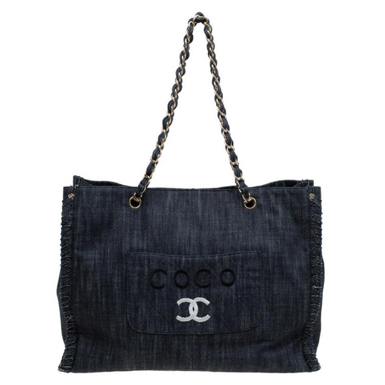 Pre Owned Chanel Black Denim Airplane Embroidered Shopper Tote