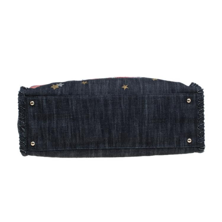 Pre Owned Chanel Black Denim Airplane Embroidered Shopper Tote