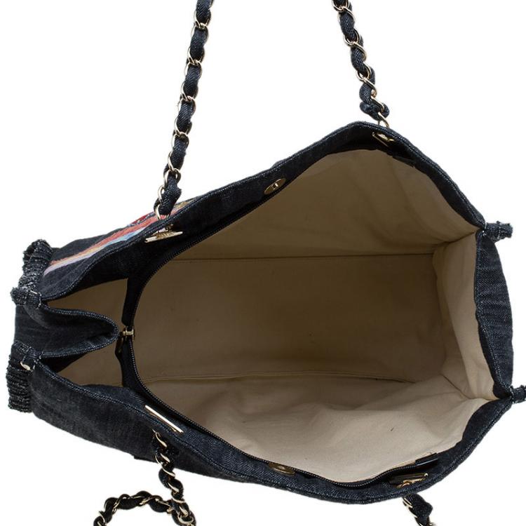 Pre Owned Chanel Black Denim Airplane Embroidered Shopper Tote