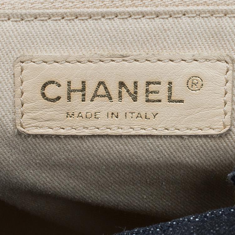 Pre Owned Chanel Black Denim Airplane Embroidered Shopper Tote