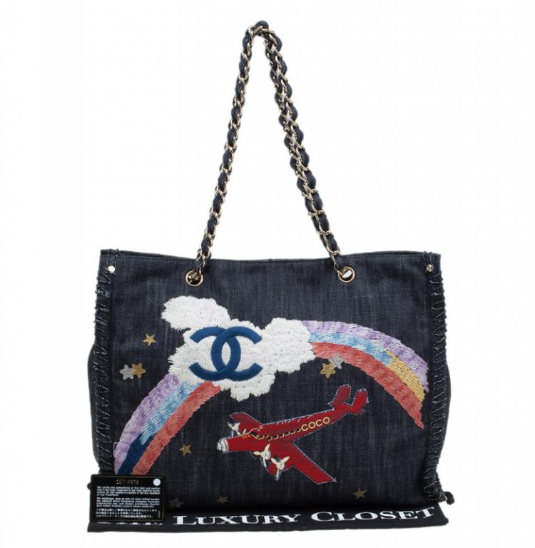 Pre Owned Chanel Black Denim Airplane Embroidered Shopper Tote