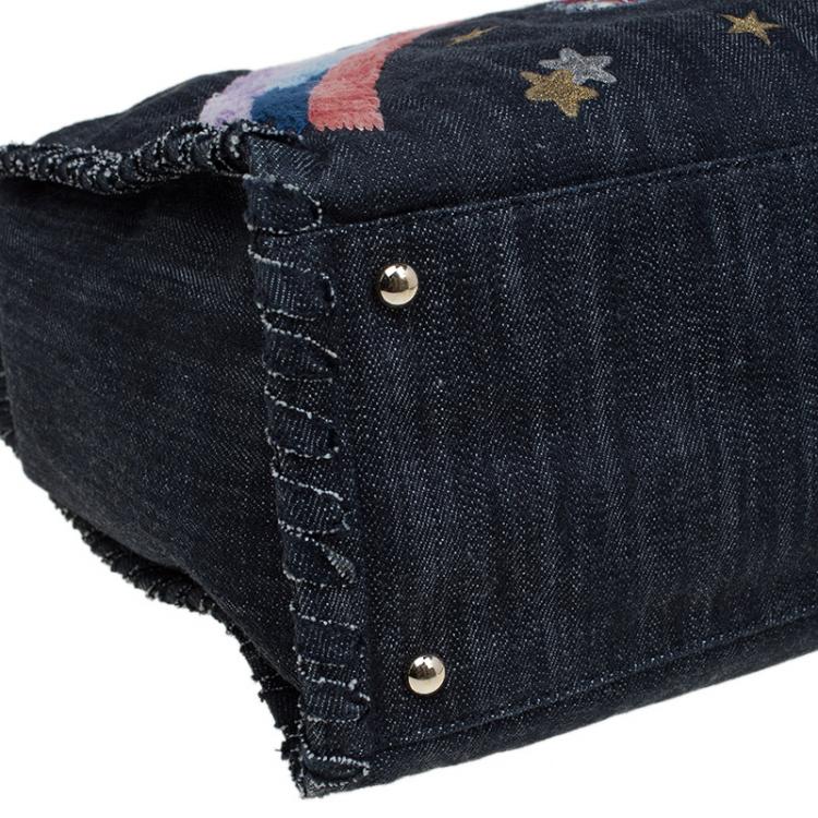 Pre Owned Chanel Black Denim Airplane Embroidered Shopper Tote