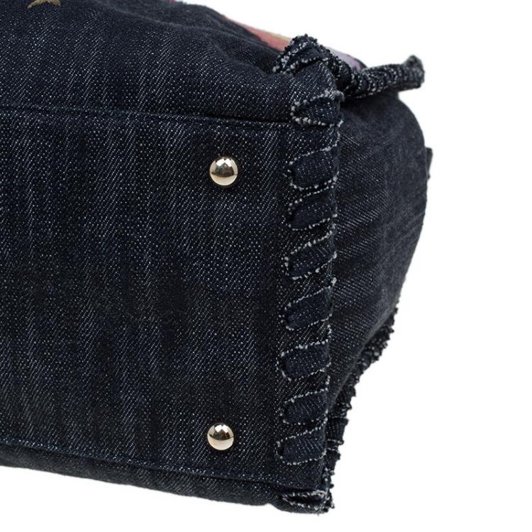 Pre Owned Chanel Black Denim Airplane Embroidered Shopper Tote