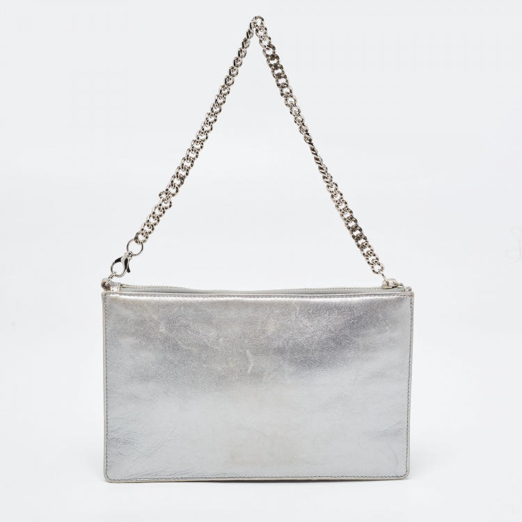 Pre Owned Chanel Silver Multicolor Square Quilted Wristlet Clutch