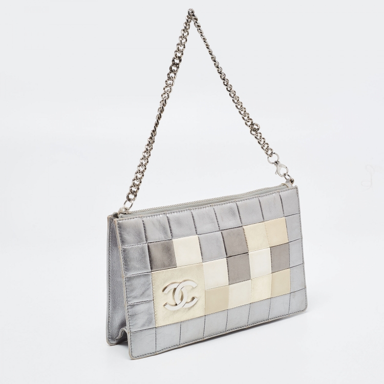 Pre Owned Chanel Silver Multicolor Square Quilted Wristlet Clutch