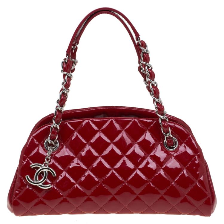 Pre Owned Chanel Red Quilted Patent Leather Small Just Mademoiselle Bowling Bag