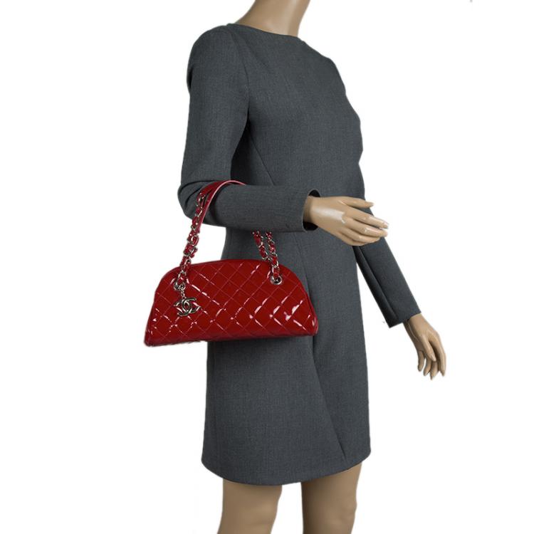 Pre Owned Chanel Red Quilted Patent Leather Small Just Mademoiselle Bowling Bag