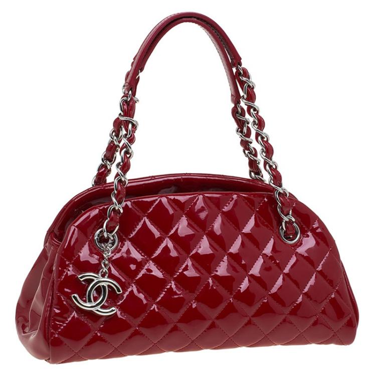 Pre Owned Chanel Red Quilted Patent Leather Small Just Mademoiselle Bowling Bag