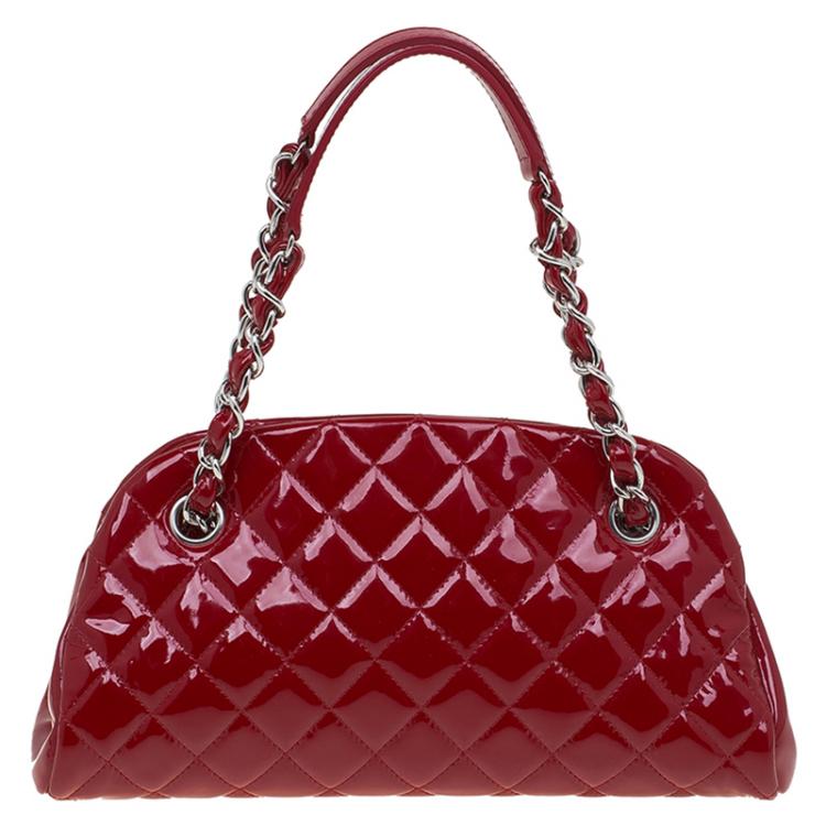 Pre Owned Chanel Red Quilted Patent Leather Small Just Mademoiselle Bowling Bag