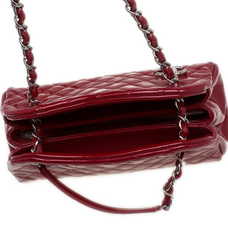 Pre Owned Chanel Red Quilted Patent Leather Small Just Mademoiselle Bowling Bag