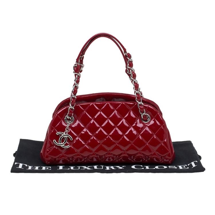 Pre Owned Chanel Red Quilted Patent Leather Small Just Mademoiselle Bowling Bag