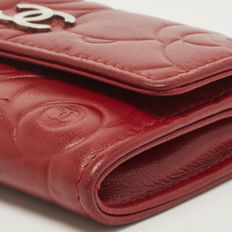 Pre Owned Chanel Red Camellia Embossed Leather CC Flap Card Case 