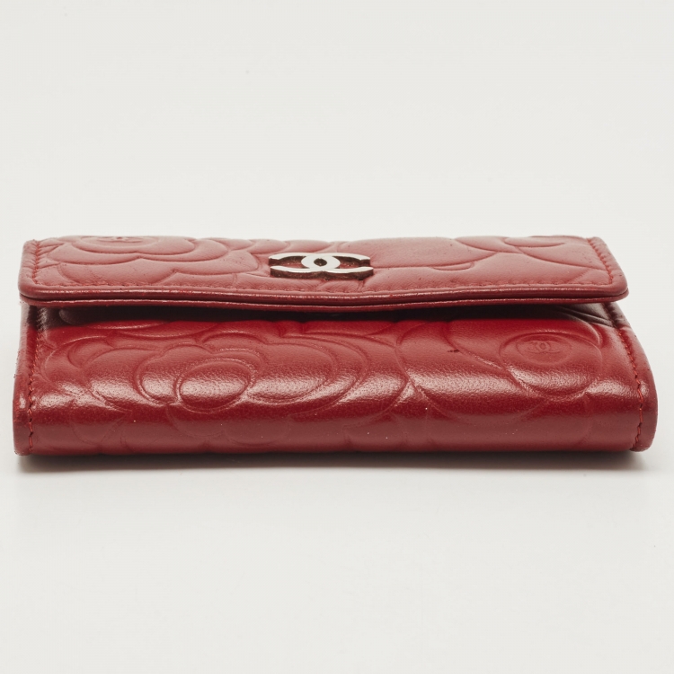 Pre Owned Chanel Red Camellia Embossed Leather CC Flap Card Case 