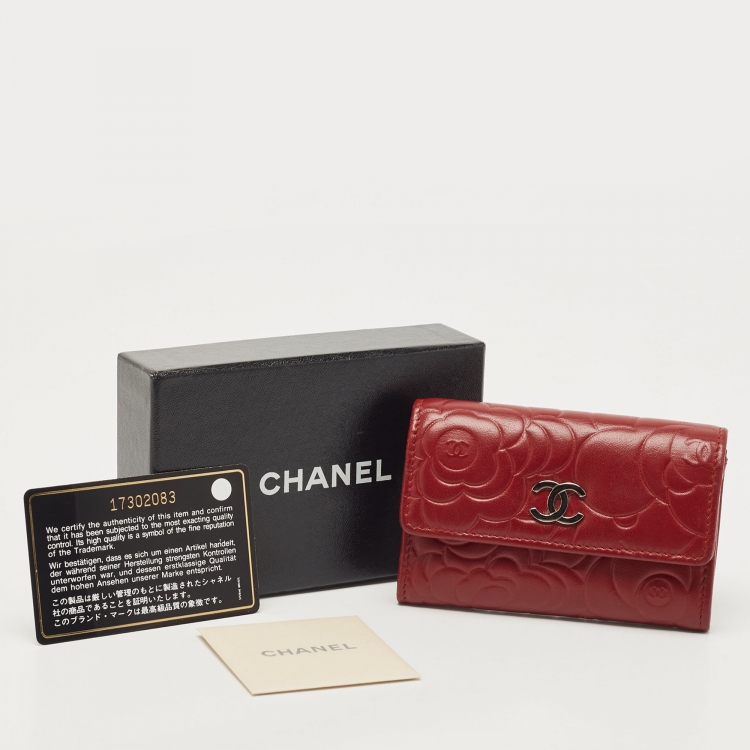 Pre Owned Chanel Red Camellia Embossed Leather CC Flap Card Case 
