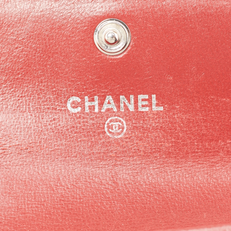 Pre Owned Chanel Red Camellia Embossed Leather CC Flap Card Case 