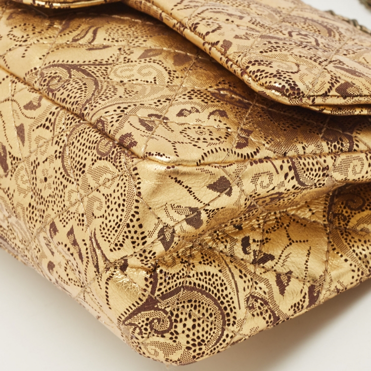Pre Owned Chanel Gold Quilted Printed Leather Limited Edition Reissue 2.55 Flap Bag