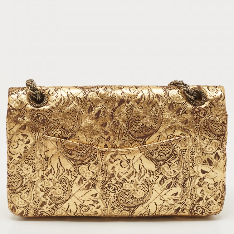 Pre Owned Chanel Gold Quilted Printed Leather Limited Edition Reissue 2.55 Flap Bag