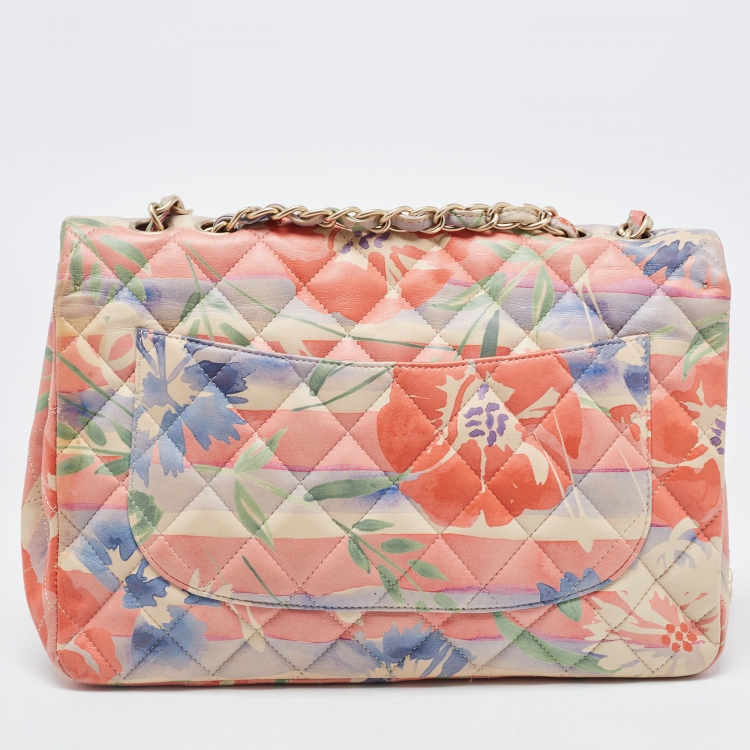 Pre Owned Chanel Multicolor Floral Print Quilted Leather Jumbo Classic Single Flap Bag