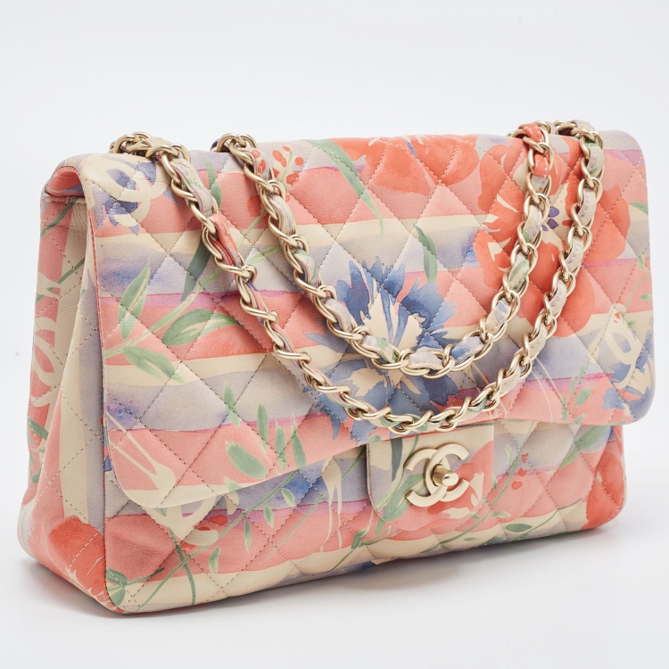 Pre Owned Chanel Multicolor Floral Print Quilted Leather Jumbo Classic Single Flap Bag