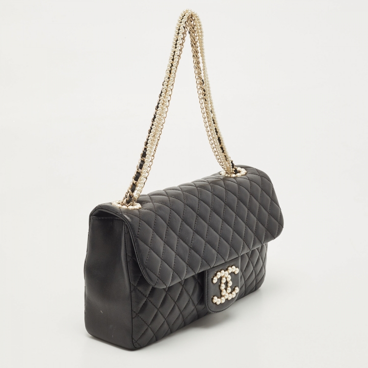 Pre Owned Chanel Black Quilted Leather Medium Westminster Pearl Single Flap Bag         