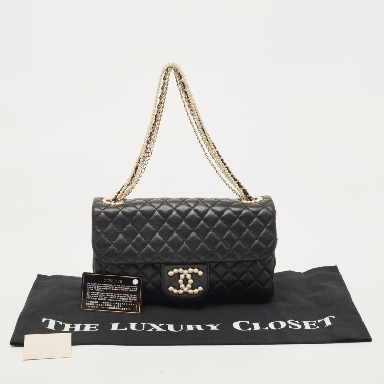 Pre Owned Chanel Black Quilted Leather Medium Westminster Pearl Single Flap Bag         