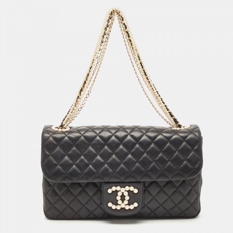 Pre Owned Chanel Black Quilted Leather Medium Westminster Pearl Single Flap Bag         