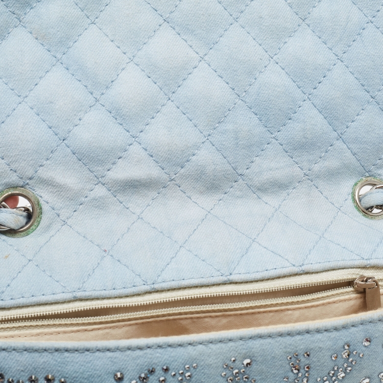 Pre Owned Chanel Blue Quilted Jersey Jumbo Classic Single Flap Bag