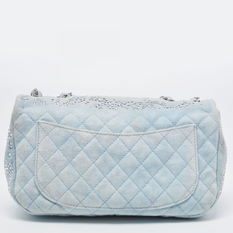 Pre Owned Chanel Blue Quilted Jersey Jumbo Classic Single Flap Bag