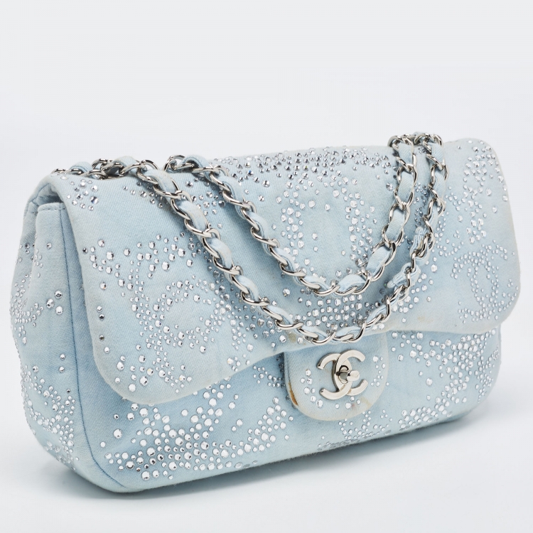 Pre Owned Chanel Blue Quilted Jersey Jumbo Classic Single Flap Bag