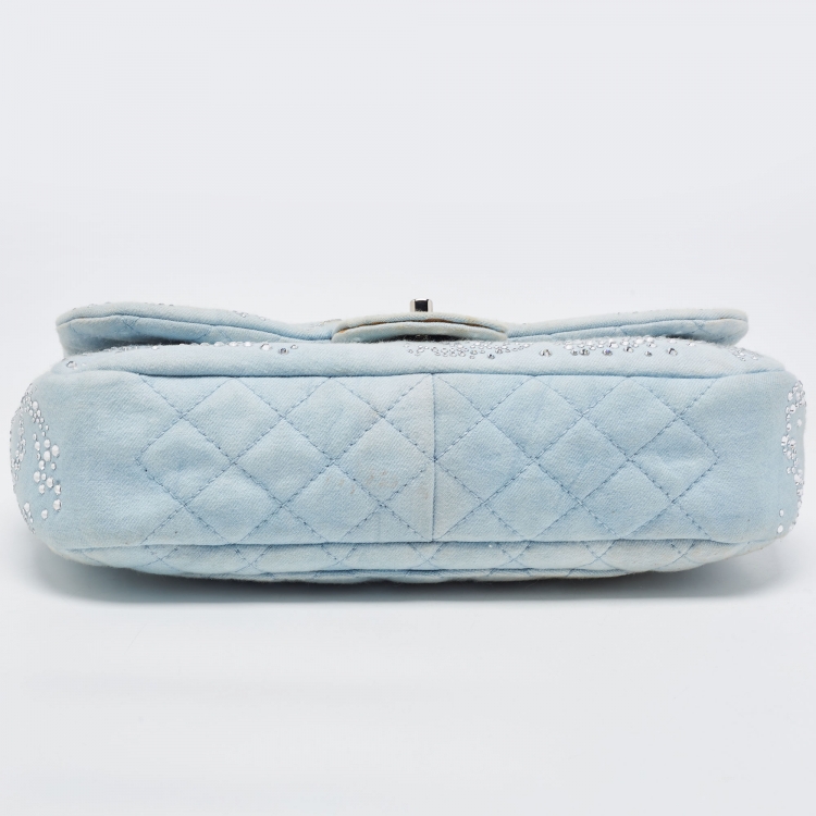 Pre Owned Chanel Blue Quilted Jersey Jumbo Classic Single Flap Bag