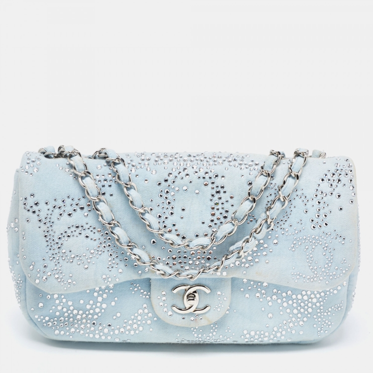 Pre Owned Chanel Blue Quilted Jersey Jumbo Classic Single Flap Bag