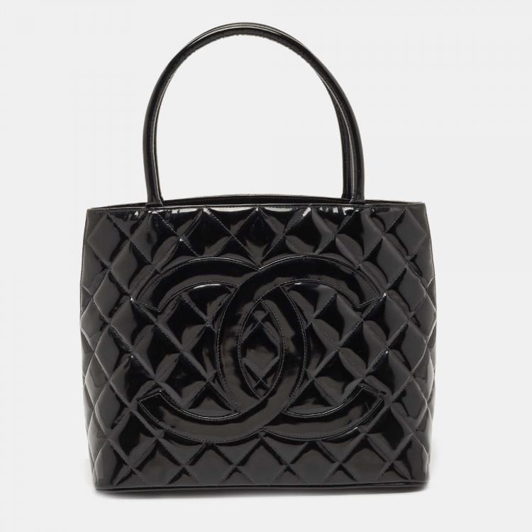 Chanel Black Patent Leather Medallion Tote Bag