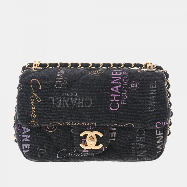 Chanel Black Denim Logo Printed Flap Bag Shoulder Bag