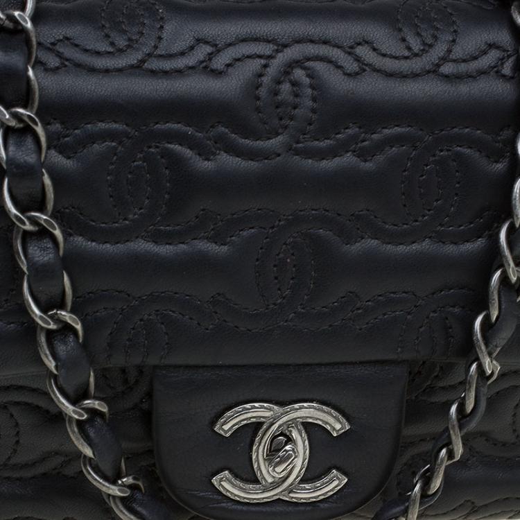 Pre Owned Chanel Black Embroidered CC Leather Mini Square Classic Flap Bag