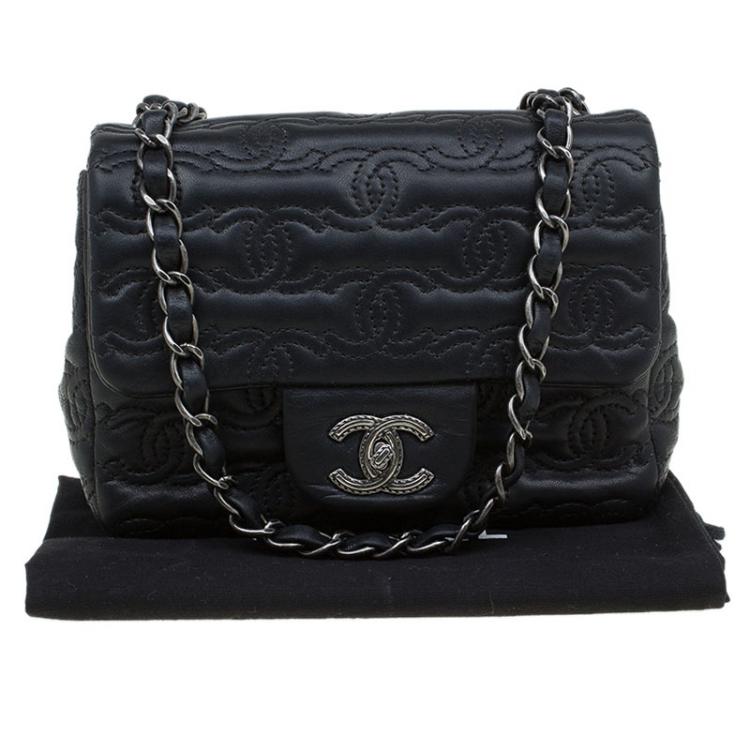 Pre Owned Chanel Black Embroidered CC Leather Mini Square Classic Flap Bag