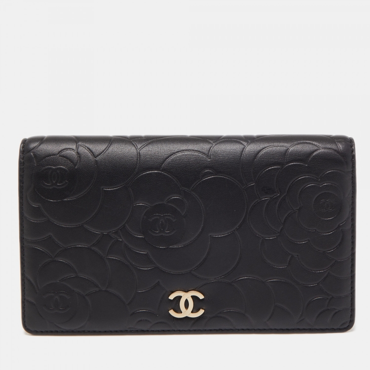 Chanel Black Camellia Leather CC Bifold Long Wallet