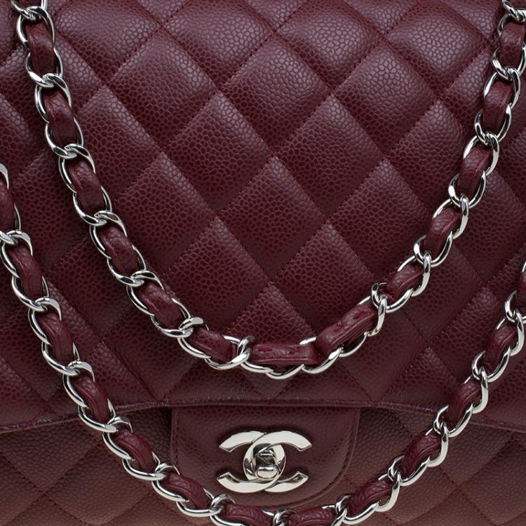 Pre Owned Chanel Burgundy Quilted Caviar Leather Maxi Classic Single Flap Bag