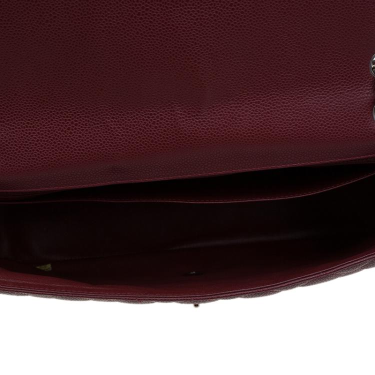 Pre Owned Chanel Burgundy Quilted Caviar Leather Maxi Classic Single Flap Bag