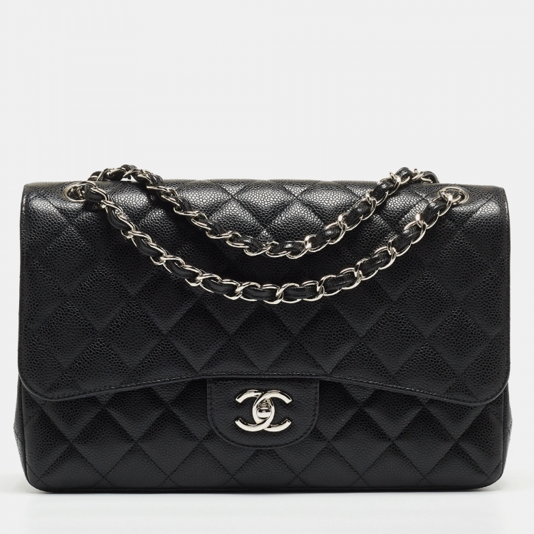 Chanel Black Quilted Caviar Leather Jumbo Classic Double Flap Bag