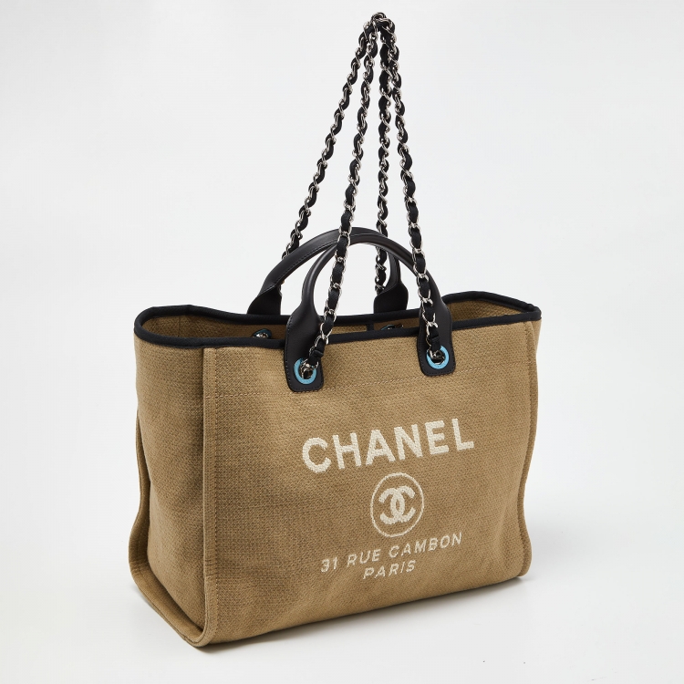 Pre Owned Chanel Beige/Black Canvas and Leather Large Deauville Shopper Tote